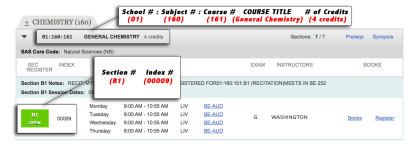 Screenshot of how to understand the Course Number breakdown with School, Subject, Course Number, Name, Credits, Section and Index Number.
